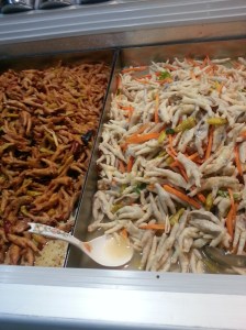 Chicken feet anybody? Just like you would have macaroni salad at the salad bar at whole foods, chicken feet are on offer at the Chinese supermarket!